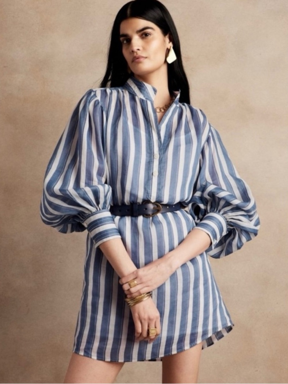 NWOT 100% Ramie Navy + White Stripes Long Sleeve Shirt Dress Sz XS